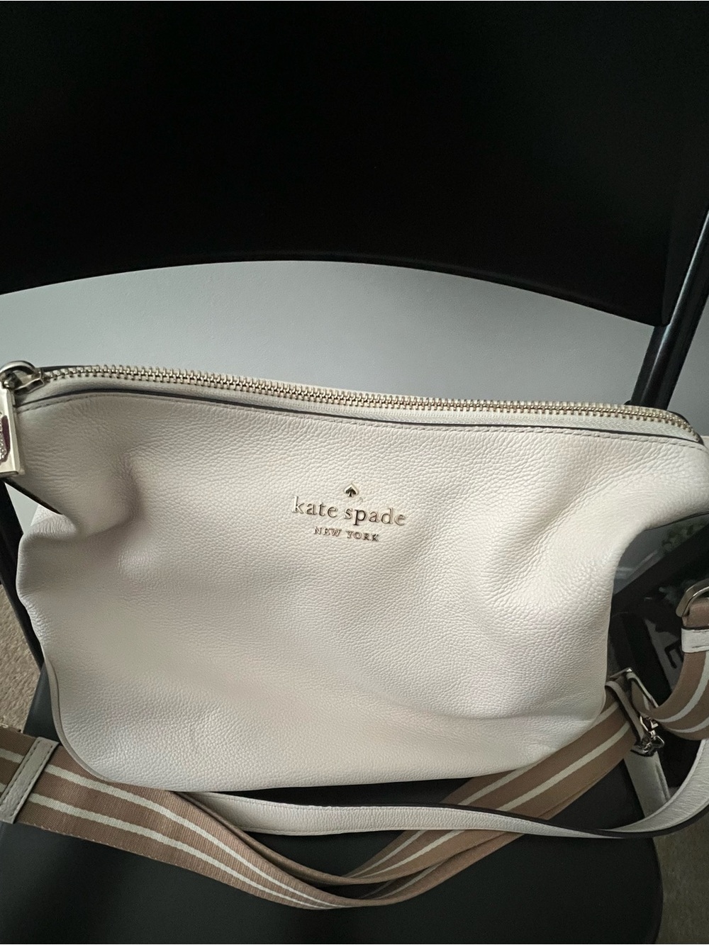 kate spade Cream Pebbled Leather Crossbody with Striped Strap
